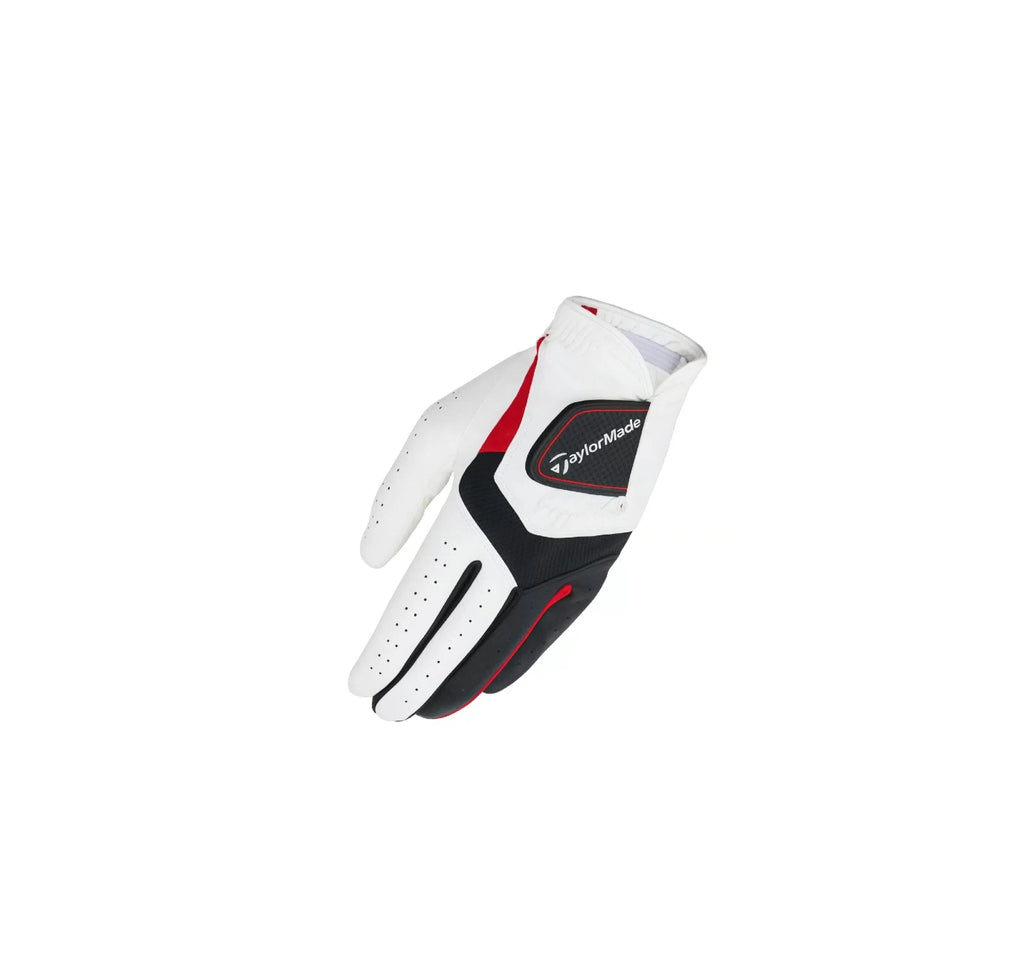Angled view of the TaylorMade RBZ golf glove showing the ergonomic cuff design, secure Velcro closure, and flexible knuckle construction for a comfortable fit.
