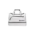 Front view of the TaylorMade TM24 Authentic Boston bag in white featuring sleek black trim, dual top handles, and a prominent TaylorMade logo. Constructed from premium synthetic leather material with reinforced stitching for durability and style.