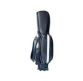 Front view of the TaylorMade wheeled golf caddy bag in black with a clean white vertical stripe and subtle "TAYLORMADE" lettering. Includes dual wheels, reinforced stitching, and a secure top closure for easy transport and protection of golf clubs.