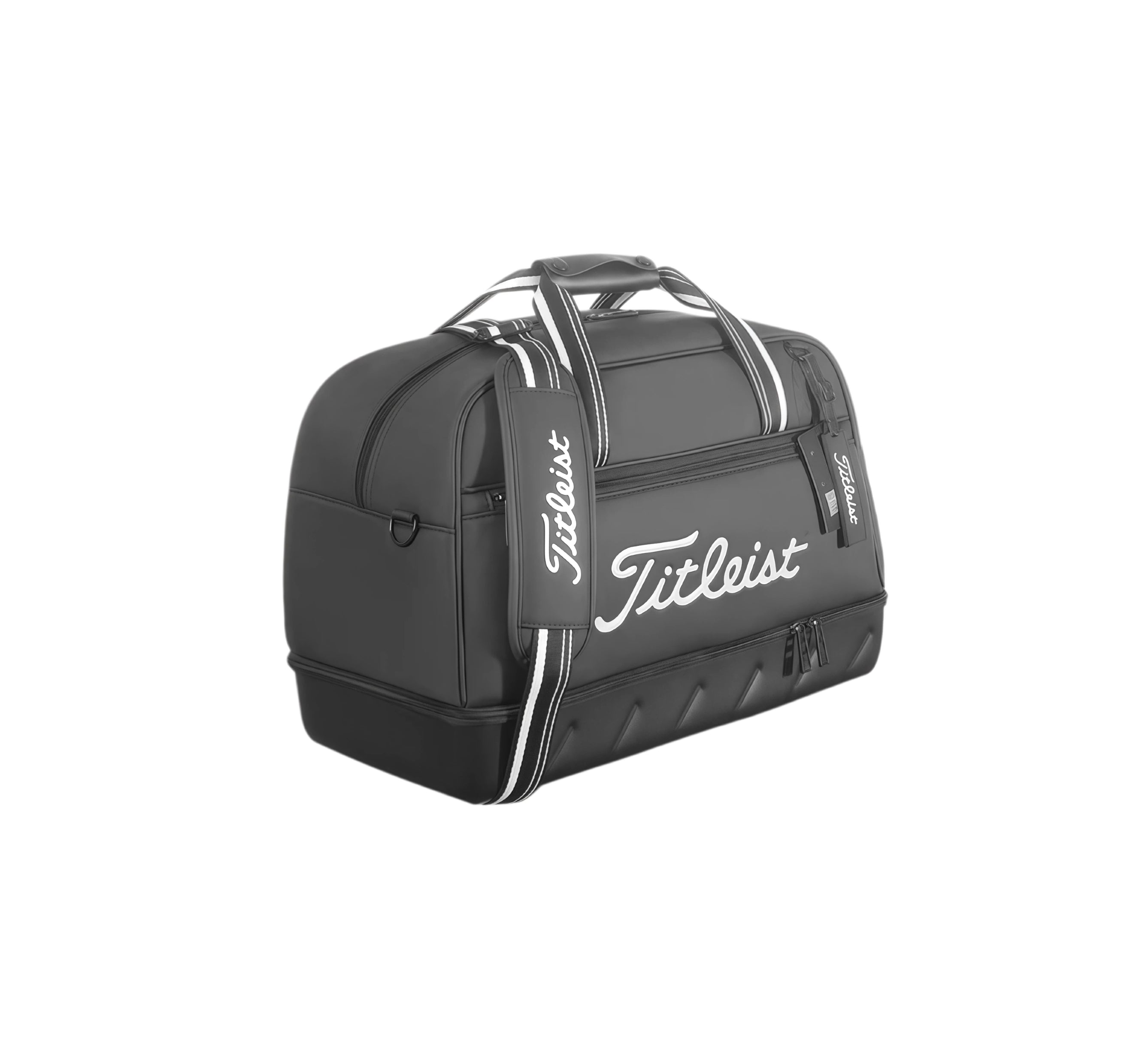 Angled side view of the black Titleist Boston Bag showing white "Titleist" script logo, padded shoulder strap, and structured quilted body. Designed for durability and style.