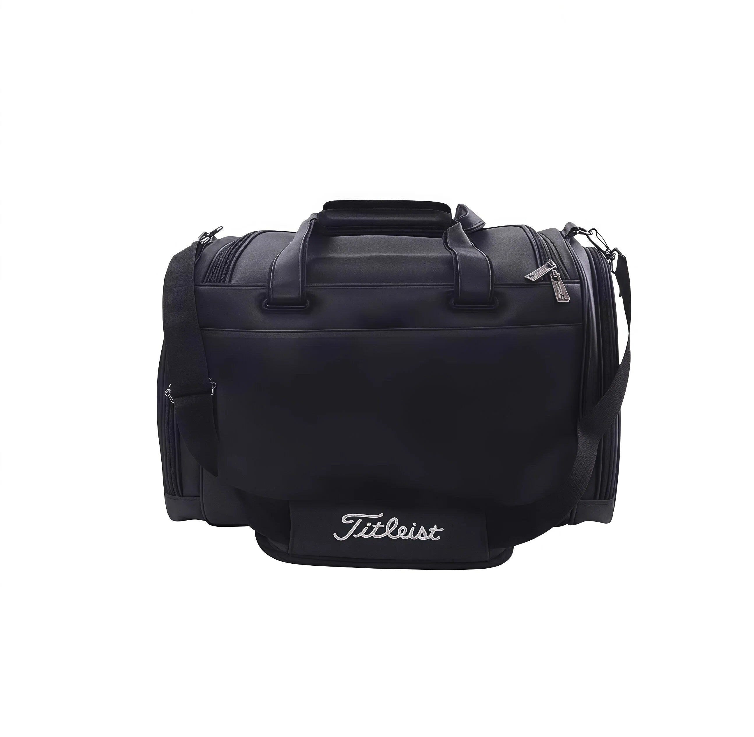 Front view of the black Titleist Quilted Duffel featuring a white embroidered "Titleist" script logo, quilted panel design, and silver-toned zippers. Ideal for stylish golf and travel use.