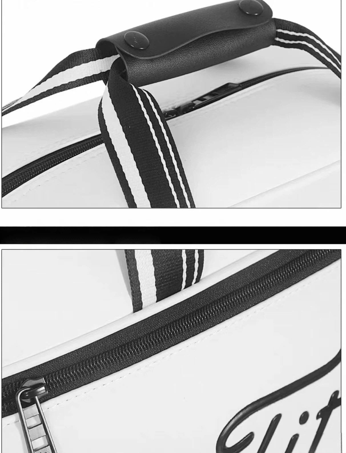 Detailed close-up of the Titleist Boston Bag showing striped black-and-white webbing handles, reinforced stitching, and durable zipper with metal pull. High-quality craftsmanship.

