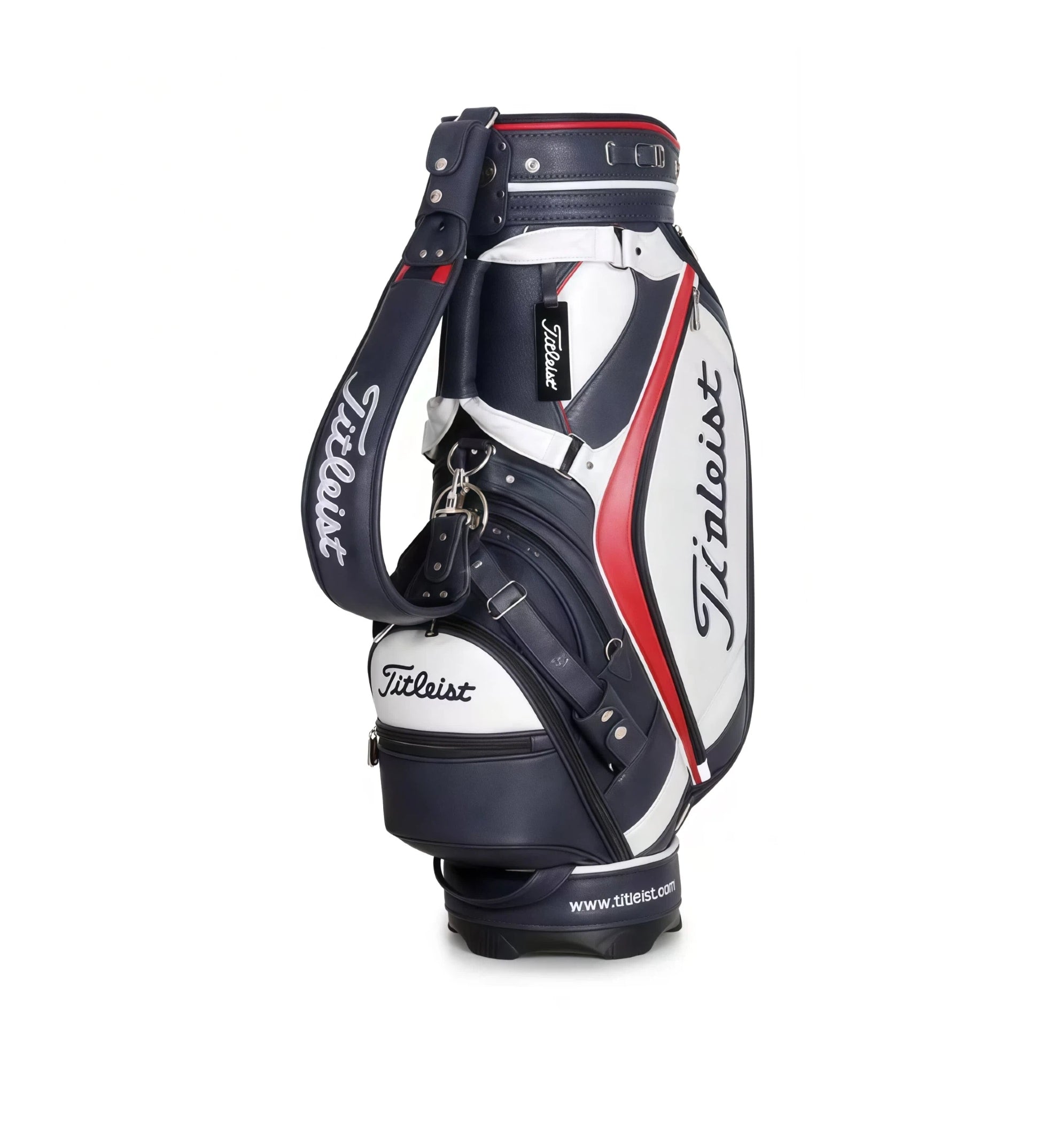 Side view of the Titleist Classic Leather-Look Cart Bag in navy blue, white, and red. Shows the full profile, padded shoulder strap with "Titleist" branding, and multiple zippered compartments. Built for comfort and durability.
