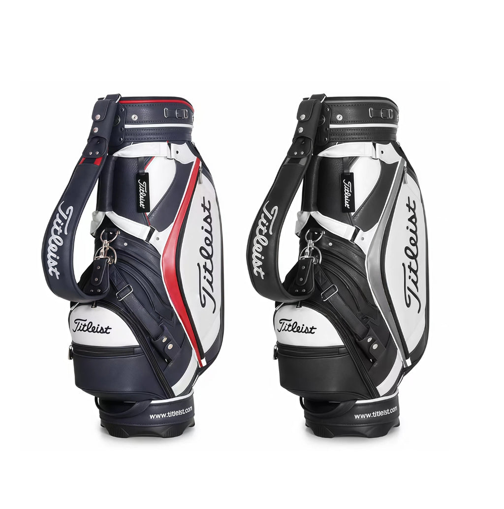 Comparison of two Titleist Classic Leather-Look Cart Bags: one in navy blue, white, and red; the other in black, white, and grey. Both feature the same premium design, dual straps, and "Titleist" branding. Choose your favorite colorway.
