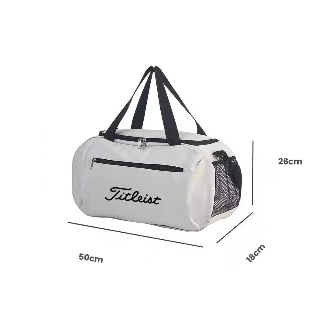 Size diagram of the white Titleist Core Golf Boston Bag showing dimensions: 50cm (length), 26cm (height), and 18cm (width). Ideal for storing golf gear, gym clothes, or sports equipment.