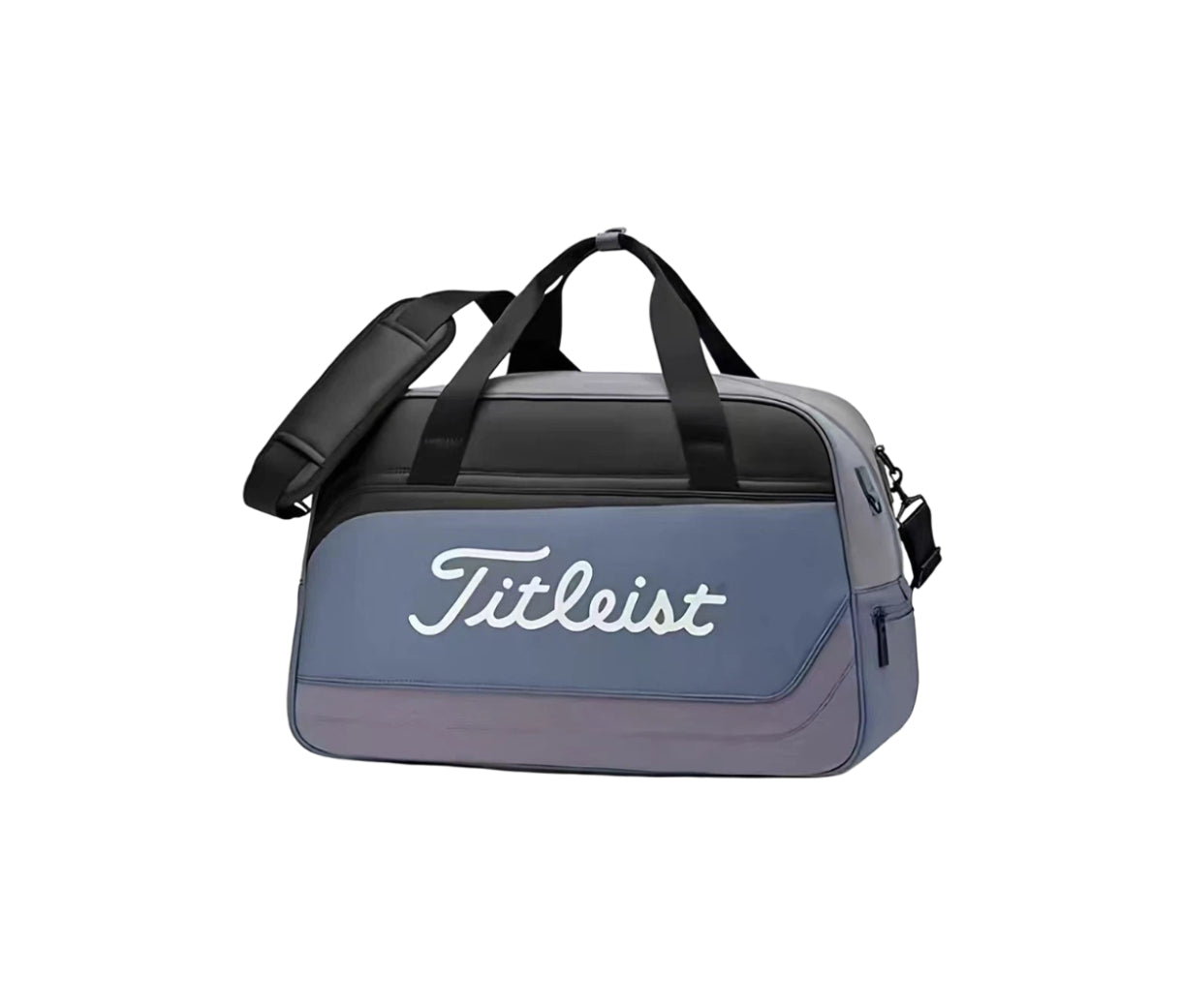 Blue and grey Titleist Duffel Bag with white "Titleist" logo, sleek design, and water-resistant material. Features dual handles, side pockets, and padded shoulder strap for versatile use.