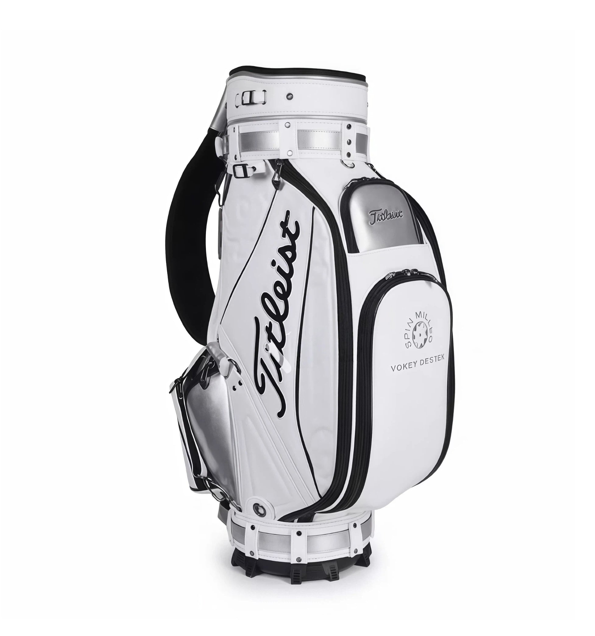 Front view of the Titleist Heritage Cart Bag in white and silver. Features the iconic "Titleist" script logo, Vokey Design branding, dual straps, and reinforced base. Designed for premium performance and timeless style.