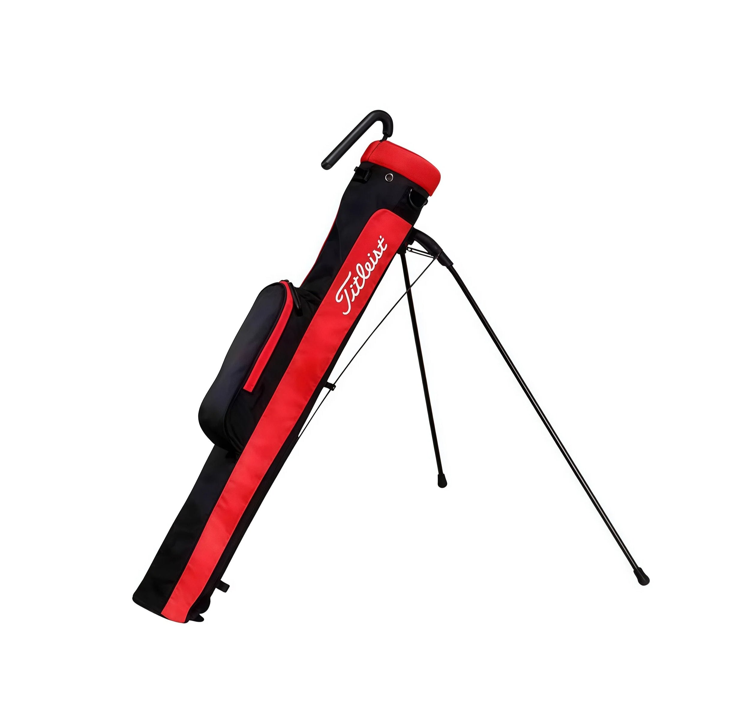 Side view of the red and black Titleist stand golf bag featuring a white "Titleist" script logo, zippered side pocket, and adjustable stand legs. Ideal for beginners seeking style and function.