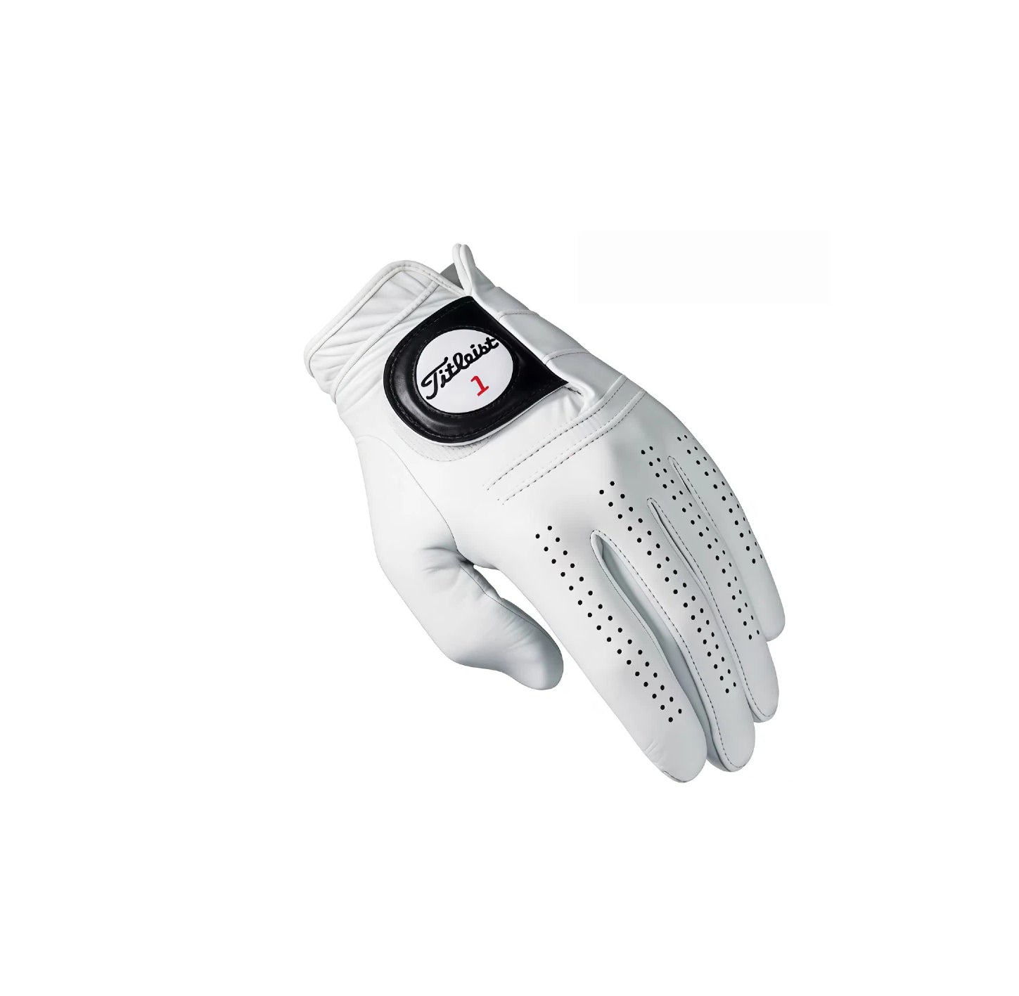 Close-up of the Titleist Perma-Soft golf glove back, highlighting the soft leather texture, precise stitching, and the signature black and white Titleist ball marker logo.