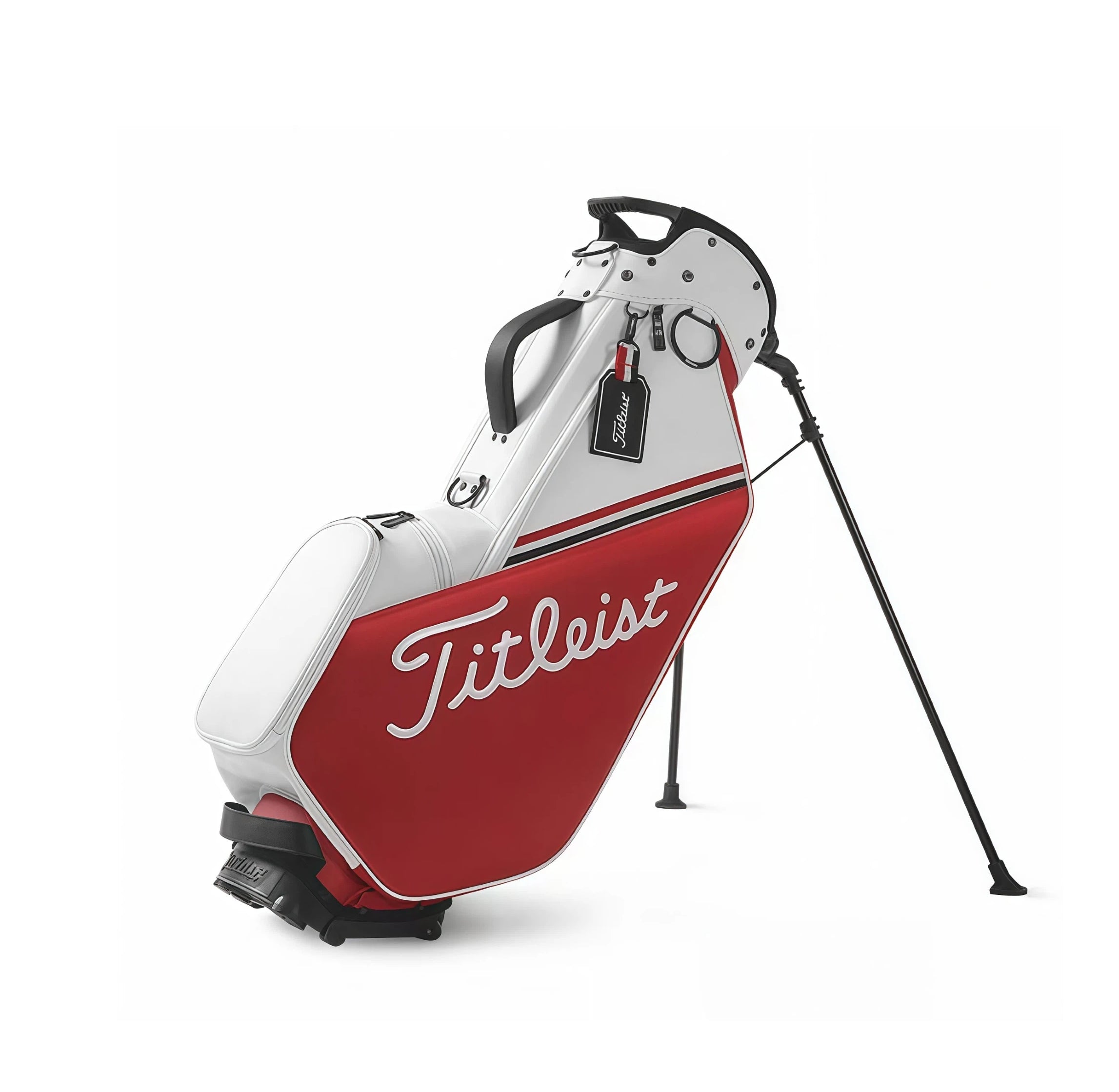 Front view of the Titleist Players 4 Plus Stand Bag in white and red. Displays the full "Titleist" script logo, red panel, and built-in stand legs. A stylish option for everyday play.