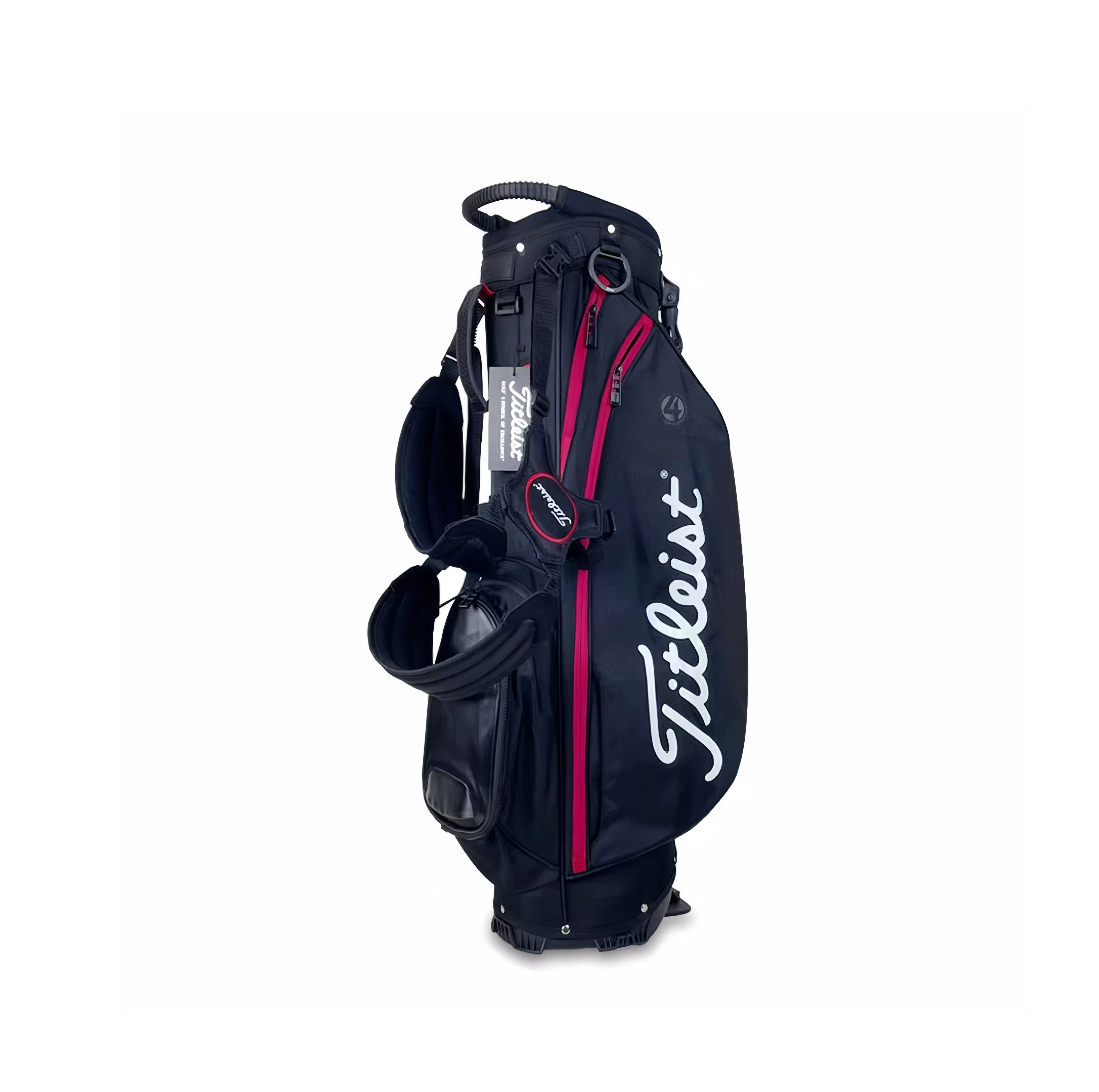 Front view of the black Titleist premium carry golf bag featuring white "Titleist" logo, pink zipper accents, padded shoulder strap, and top carry handle. Designed for comfort and durability during play.