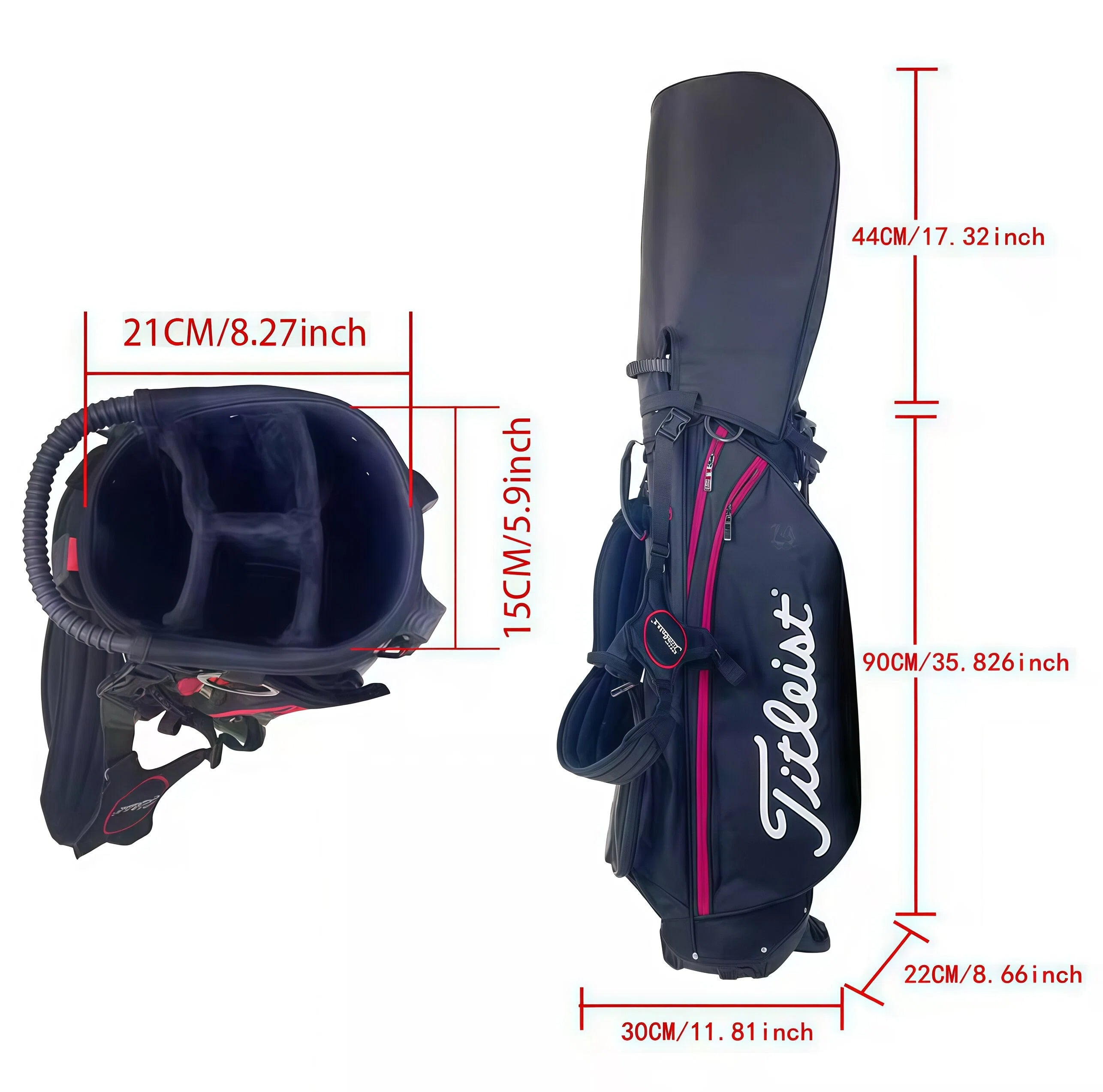 Detailed size chart of the black Titleist carry golf bag showing dimensions: 90cm (35.8in) height, 30cm (11.8in) width, and 44cm (17.3in) head opening. Includes interior view with club dividers and padded compartments.