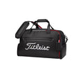 Angled view of the black Titleist Premium Golf Duffel with bold white embroidered "Titleist" logo, front zippered pocket, and branded leather tag. Perfect for golf and weekend travel.