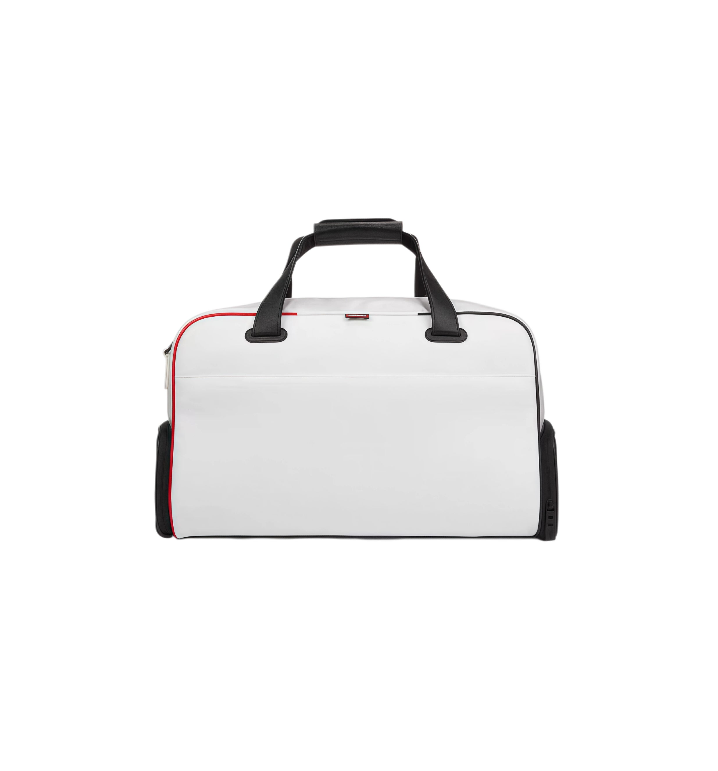 Front view of the white Titleist Premium Golf Duffel with red piping, black handles, and protective bottom corners. Designed for elegance and practicality.