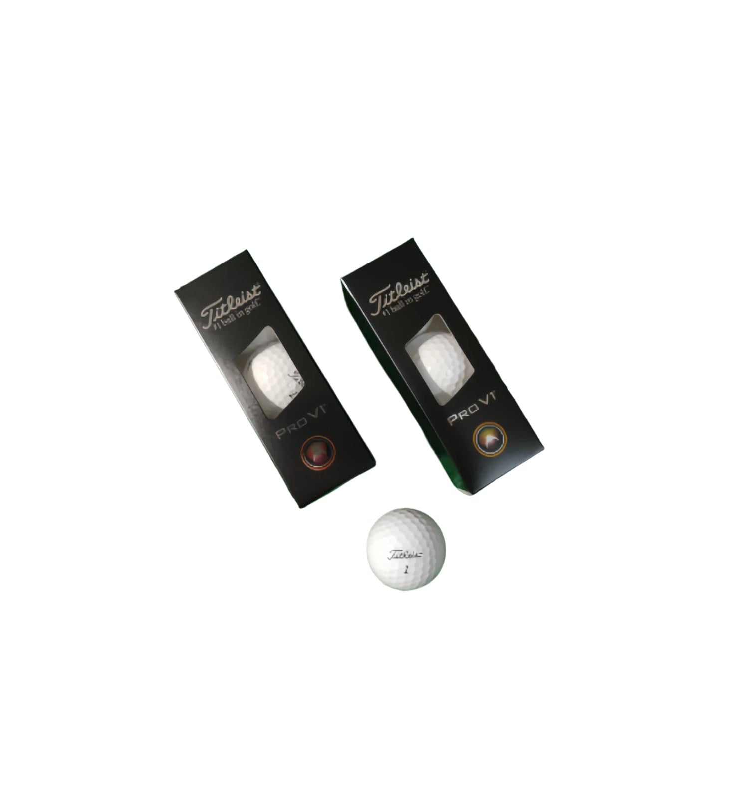 Titleist Pro V1 2025 golf balls in black 3-pack sleeves, featuring the iconic "Titleist #1 ball in golf" logo. A single white Pro V1 ball is displayed in the foreground.