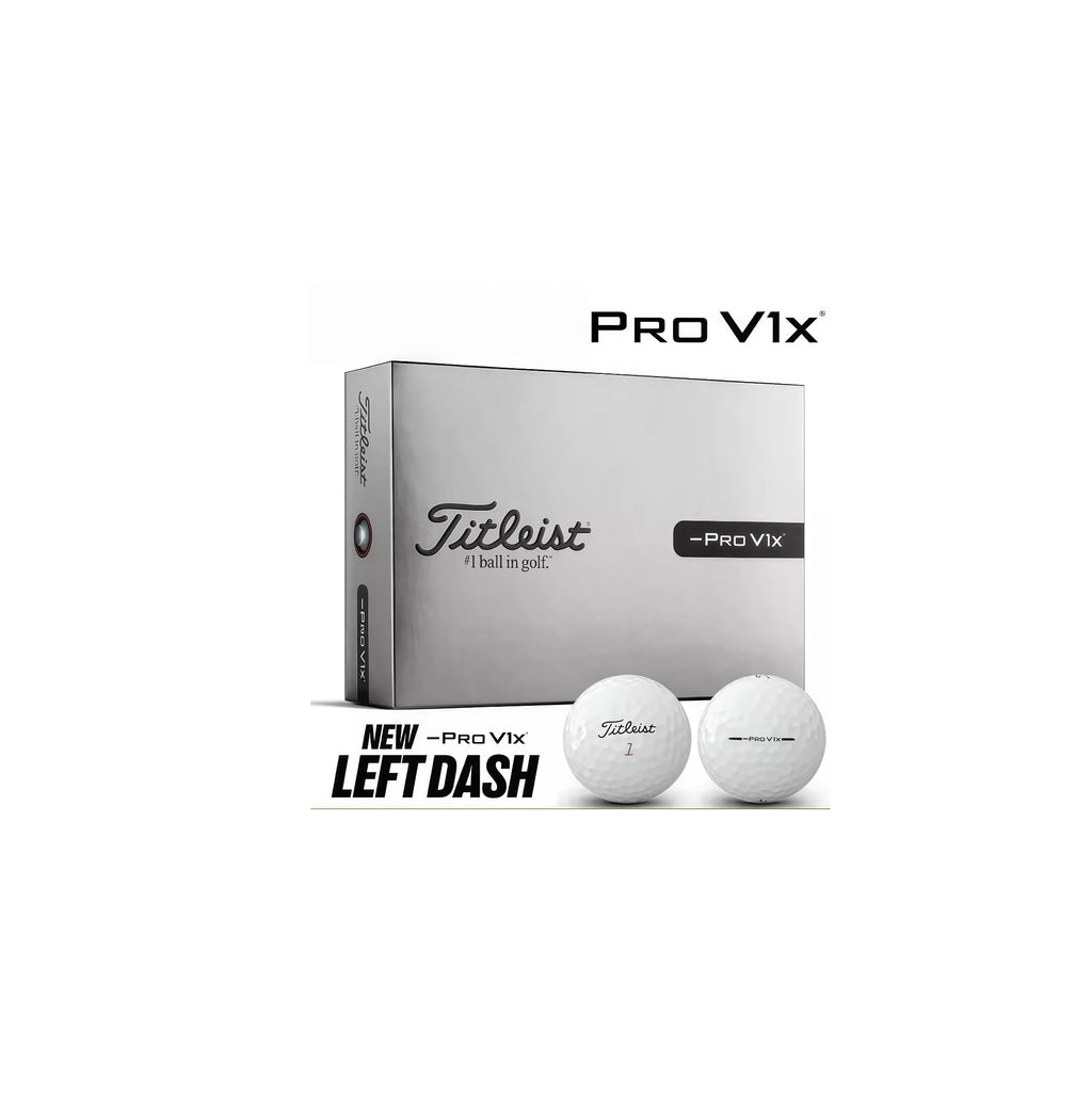 Titleist Pro V1x Left Dash Loyalty Rewarded golf balls displayed with their silver packaging, featuring two white golf balls with "Titleist 1" and "PRO V1x" branding, highlighting the new Left Dash design for enhanced performance.