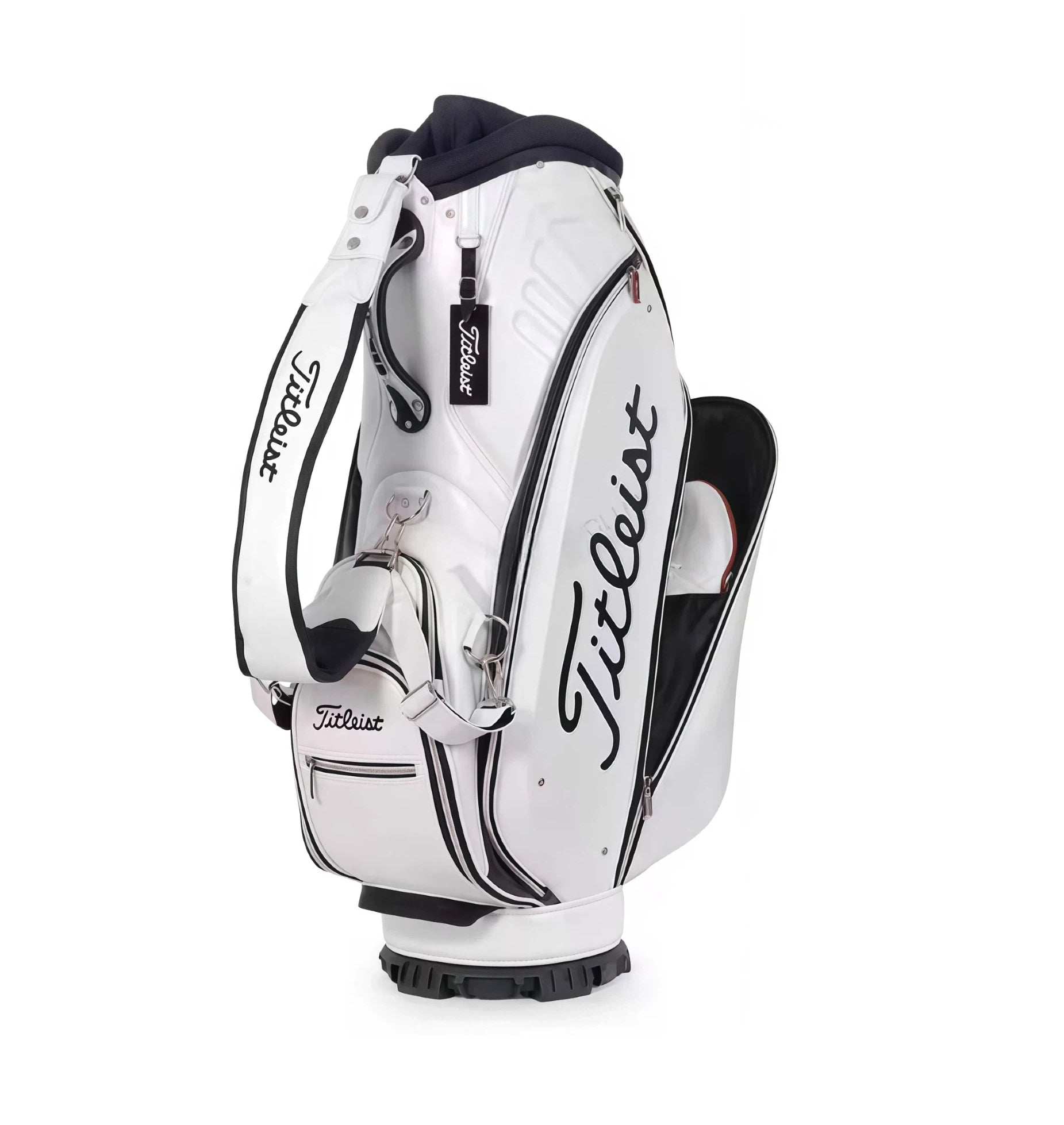 Side view of the Titleist Standard Cart Bag showing open accessory pocket with internal organization. Highlights the padded shoulder strap, "Titleist" tag, and durable construction. Perfect for storing tees, balls, and gloves.
