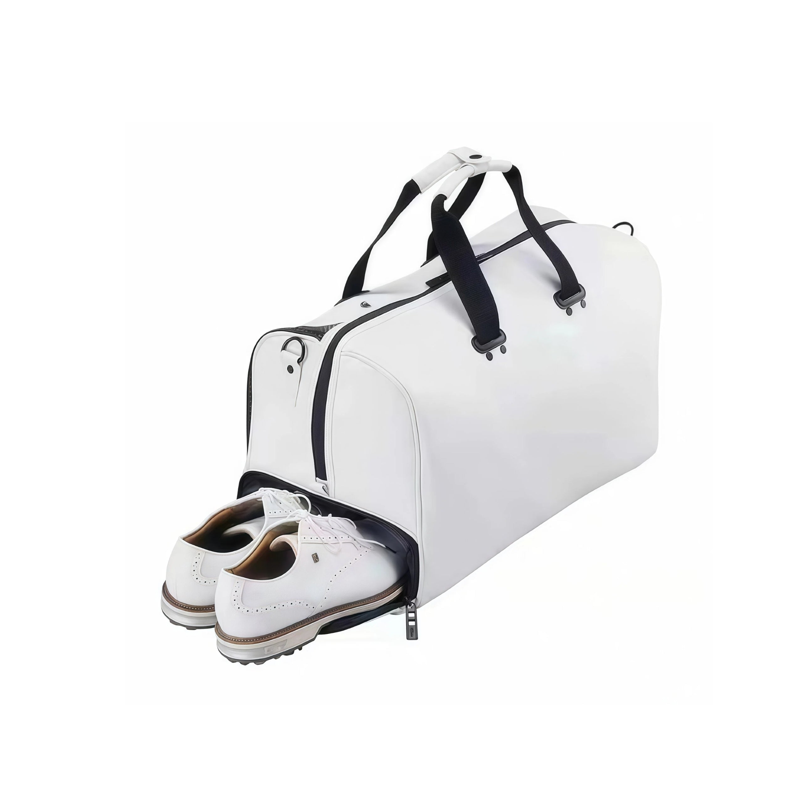 White Titleist Tech Duffel with open shoe compartment showcasing a pair of white golf shoes. Ideal for keeping footwear separate and organized during travel or golf outings.