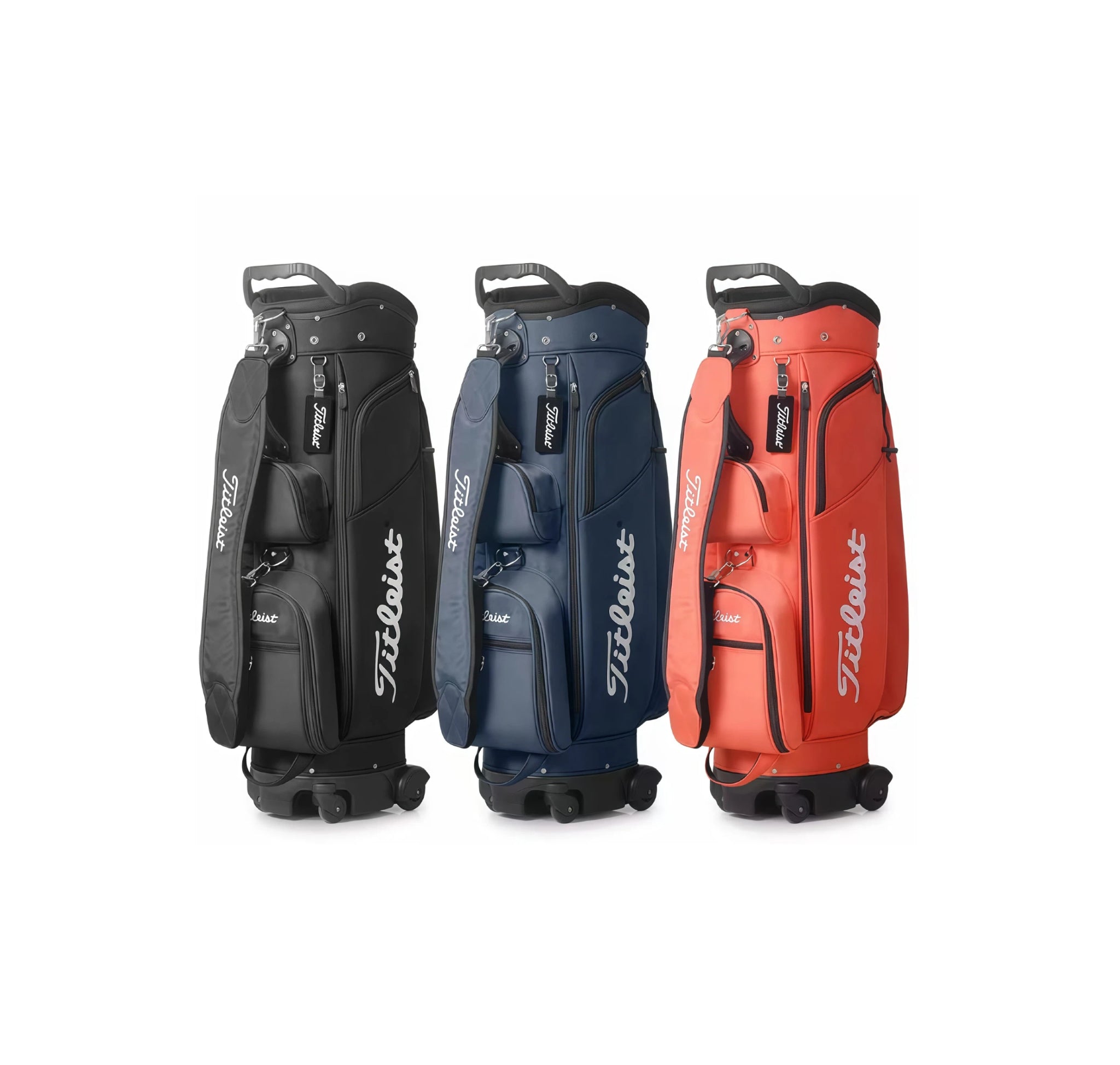 Three-color display of the Titleist Travel Trolley Bag: black, navy blue, and coral red. Each model features dual wheels, padded shoulder strap, and premium "Titleist" branding. Ideal for golfers seeking style and function.
