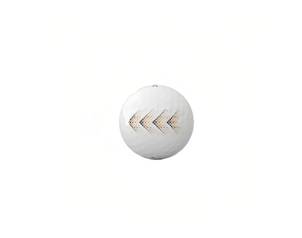 Detail view of the Titleist Velocity 2026 golf ball showing the side stamp alignment aid. The graphic features black and orange arrows to assist with putting alignment.