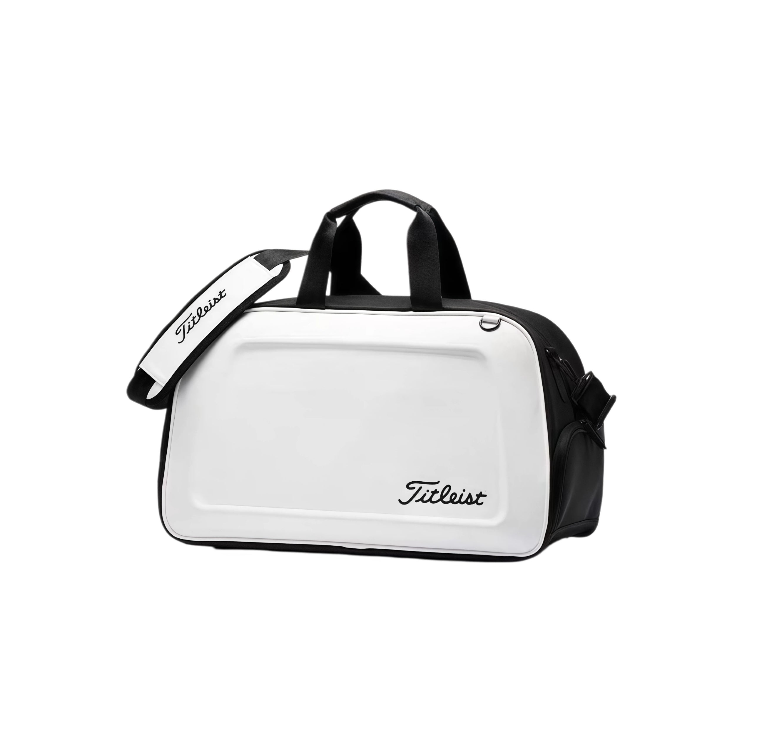 White Titleist hard-shell duffel bag with black trim, black script logo, and matching shoulder strap. Stylish and functional for golf, gym, or daily use.
