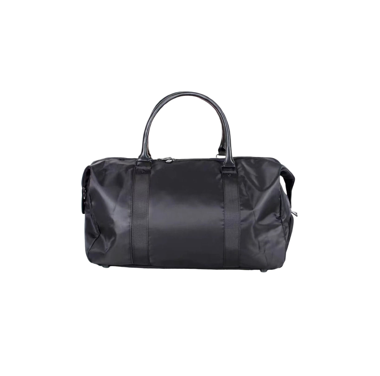 Clean front view of the black Titleist x Scotty Cameron Duffel Bag showing sleek design, leather-like handles, and structured silhouette. Ideal for golf and travel.