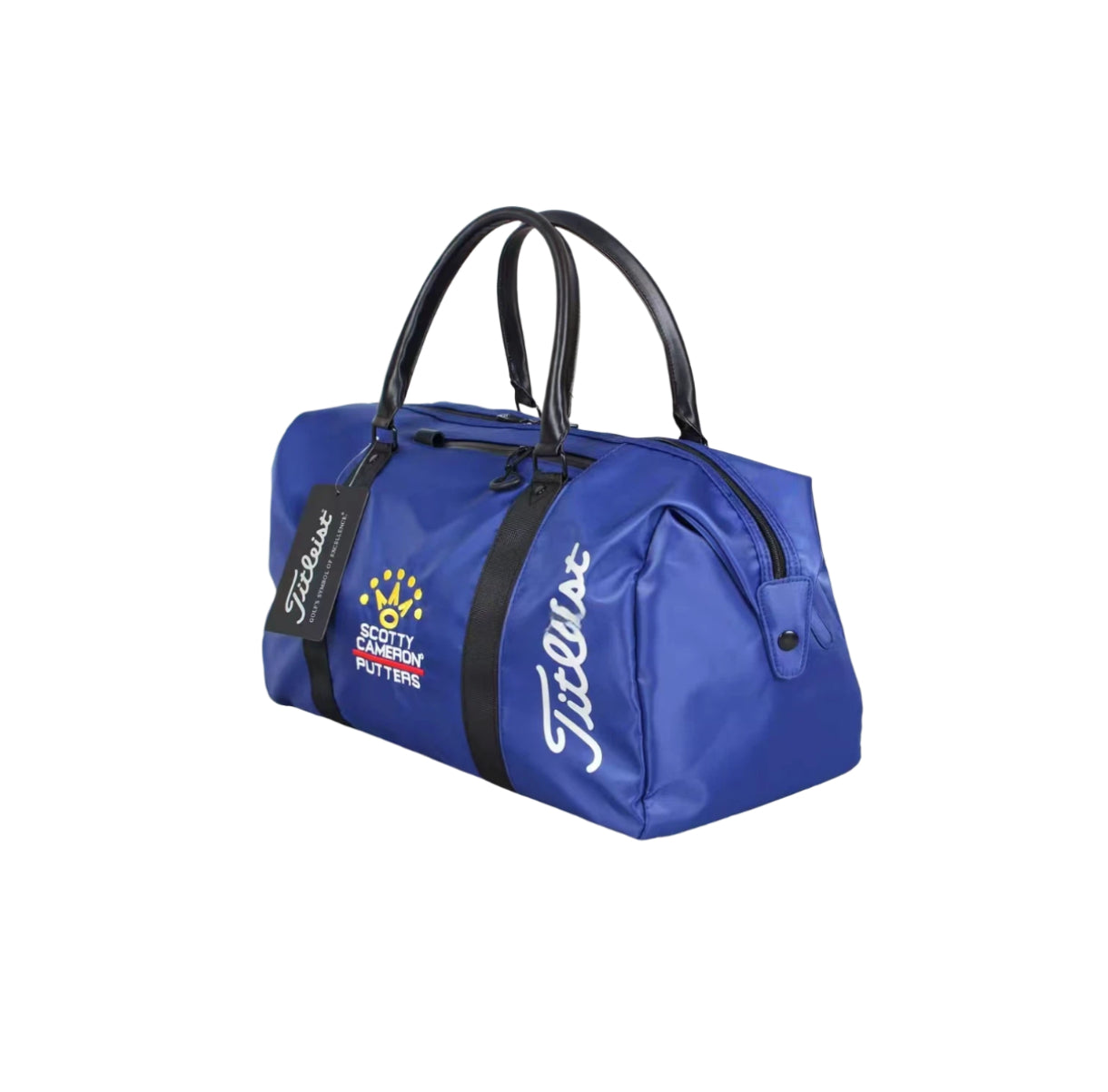 Royal blue Titleist x Scotty Cameron Duffel Bag shown from a side angle, showcasing the vibrant color, black accents, and signature logos. A stylish limited edition golf travel bag.
