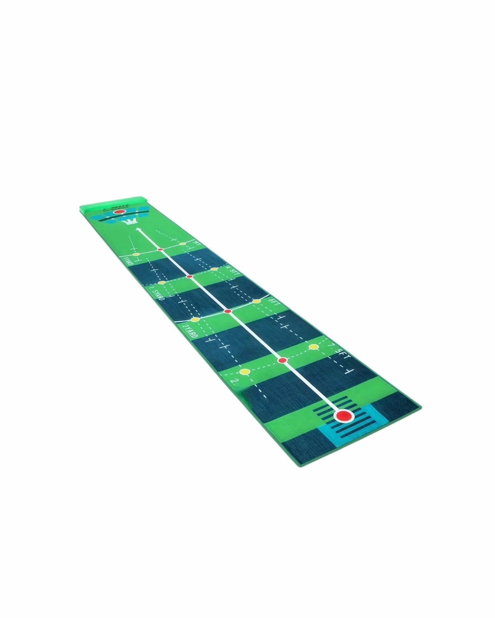 Two-way putting practice mat showing crystal velvet surface and target rings in yards and feet