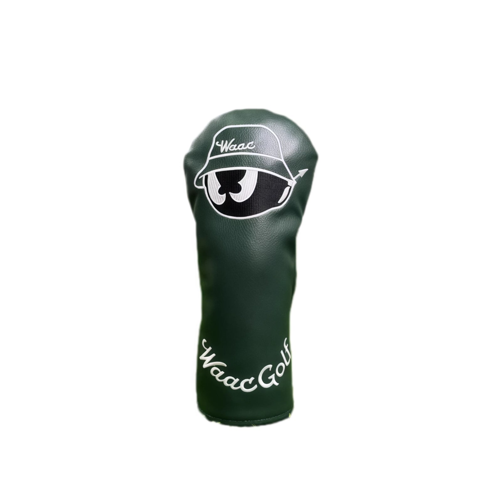 Side view of Waac Classic Green Driver Headcover showcasing PU leather texture and embroidered "Waac Golf" branding, universal fit for golf clubs.