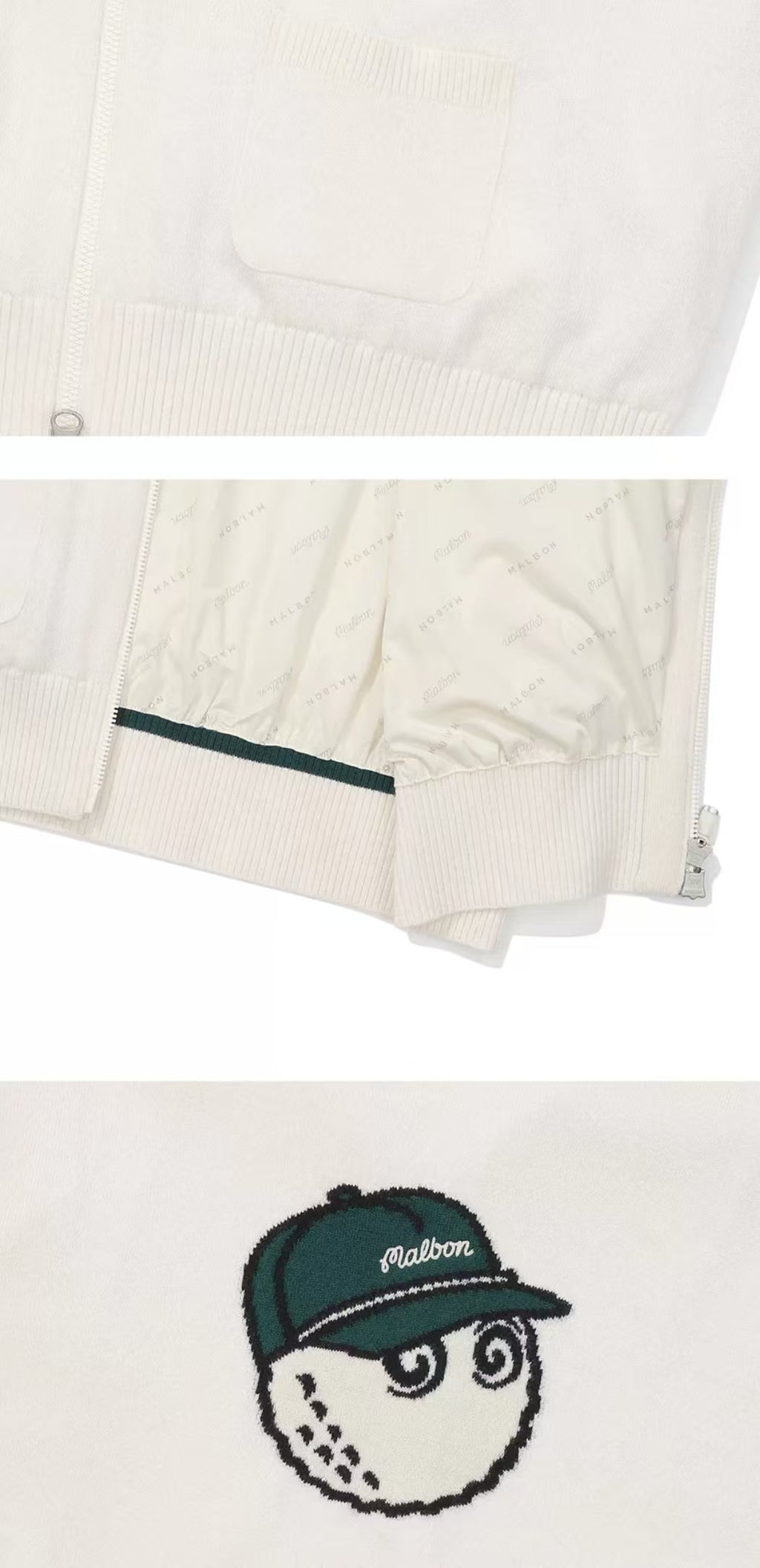 Malbon Preserve Buckets Knit Windbreaker 화이트 골프 의류 밑단과 후면 로고 디테일