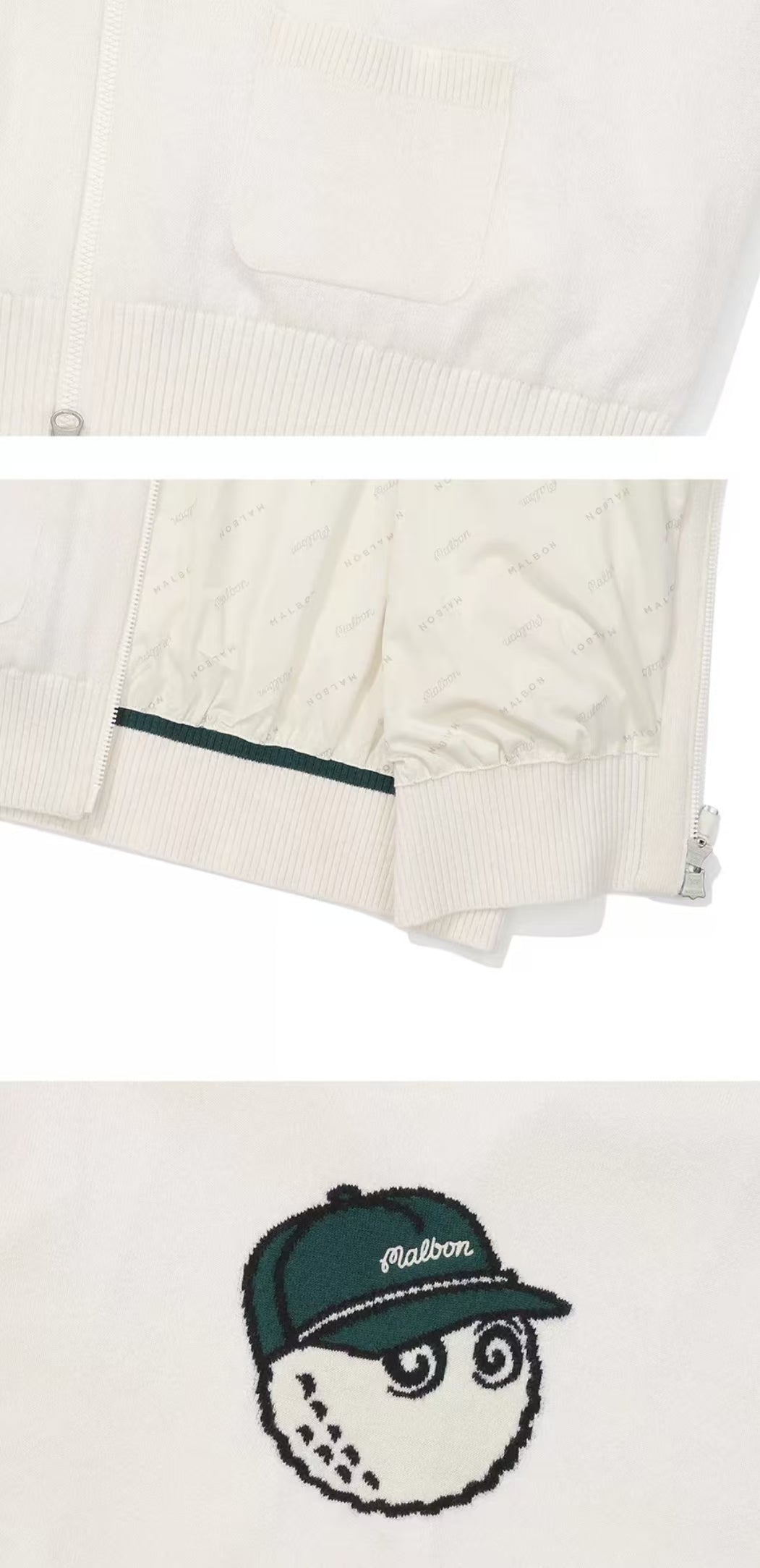 Malbon Preserve Buckets Knit Windbreaker 화이트 골프 의류 밑단과 후면 로고 디테일