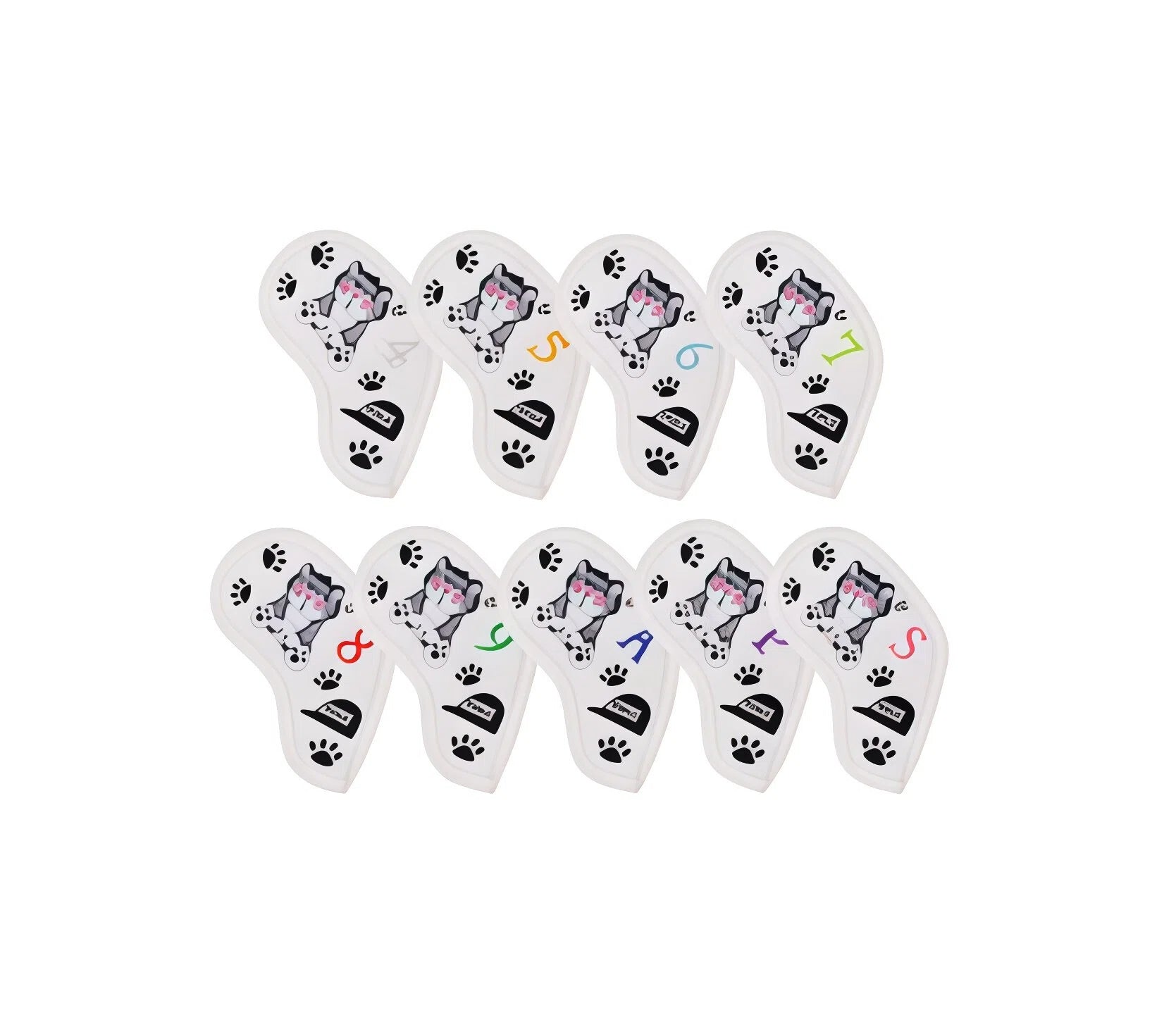 Close-up of a white kitten golf headcover set showing eight plush covers with playful gray cats in sunglasses, paw prints, and colorful numbers (4–S), perfect for protecting fairway woods and hybrids.