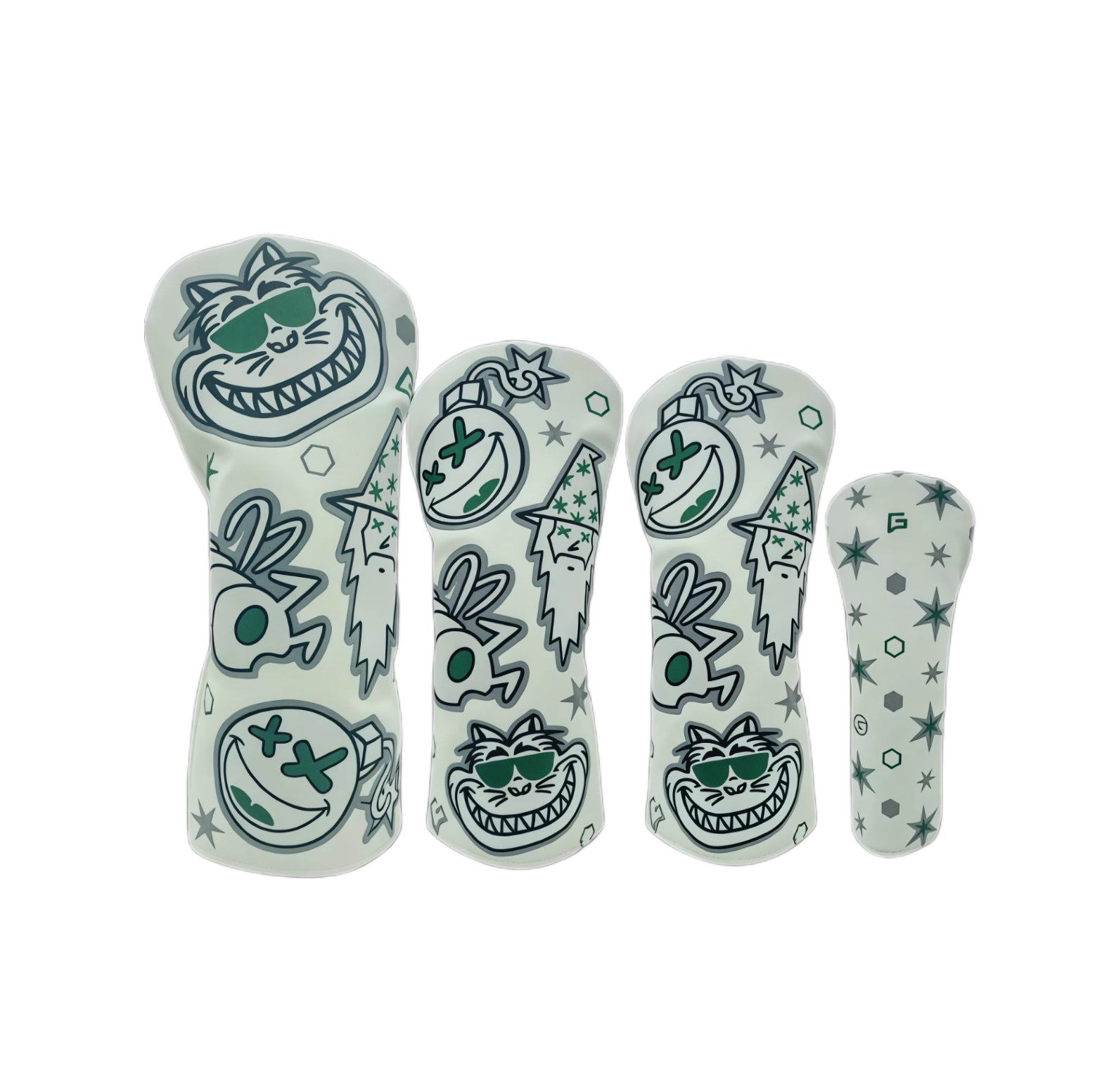 White Wizard & Fat Cat golf headcovers set with green-toned cat, bomb and star embroidery, designed for driver, fairway and utility clubs with durable, unisex-friendly protection.