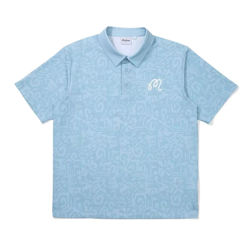 Malbon men's digital print casual golf polo shirt in Blue, front view