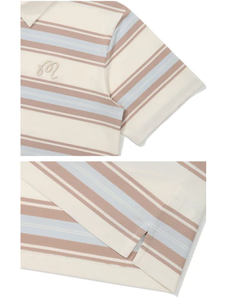 Malbon Golf Striped Polo Shirt Men Women Casual Sport Tee Beige logo and trim detail 베이지 골프 의류 로고와 마감 디테일