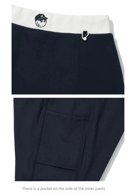 Malbon Women's Golf Skort - Autumn Winter Sport Skirt Dark Blue logo and trim detail 다크 블루 골프 의류 로고와 마감 디테일
