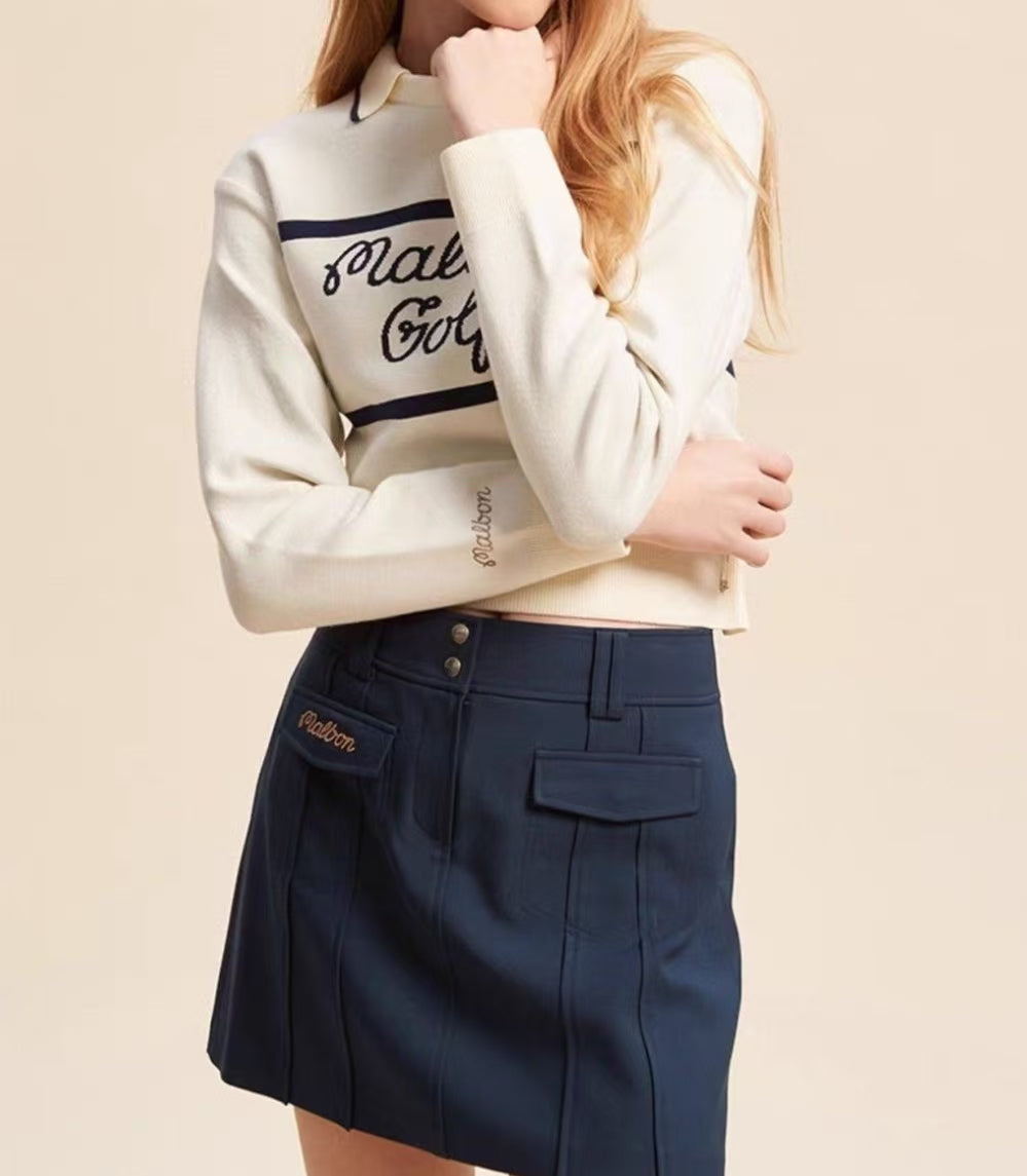 Malbon Women's Knit Golf Sweater Polo 애프리콧 골프 의류 모델 착용