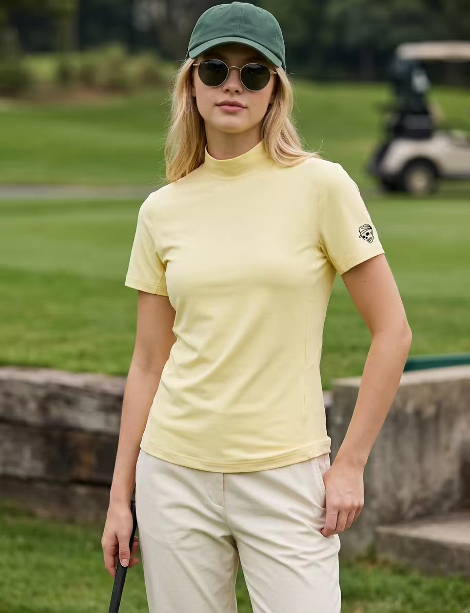 Devereux Golf 여성 모크넥 백레터 프린트 골프 셔츠 옐로 제품 이미지