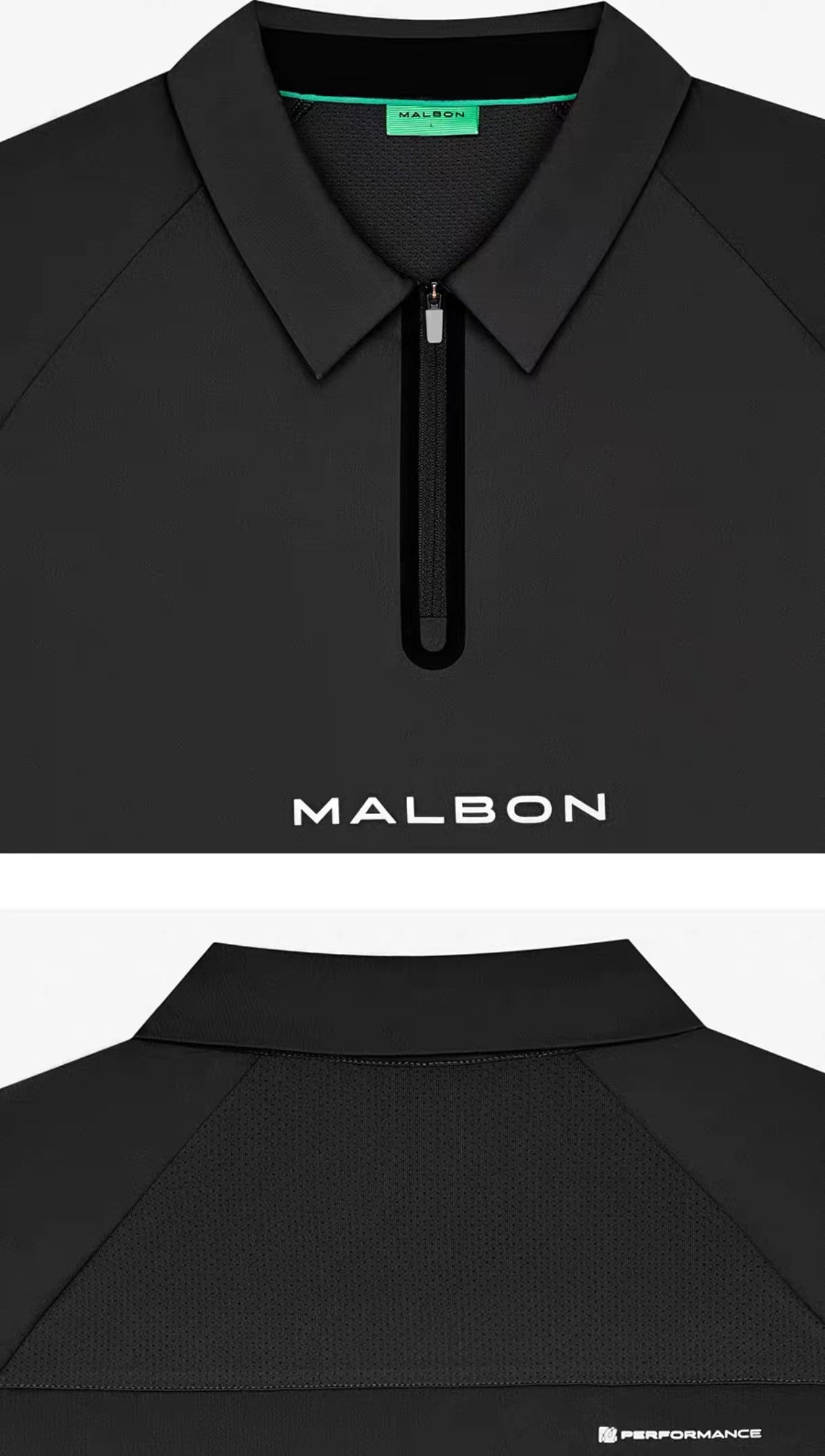 Malbon Golf 쿼터 지퍼 골프 폴로 셔츠 블랙 트림과 스티치 디테일