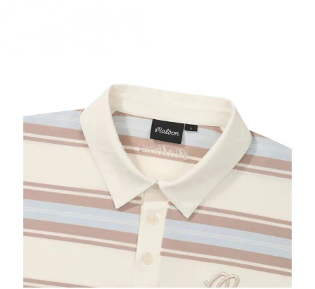 Malbon Golf Striped Polo Shirt Men Women Casual Sport Tee Beige collar and logo detail 베이지 골프 의류 카라와 로고 디테일