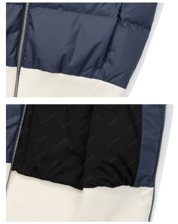 Malbon women's knit hybrid insulated down golf jacket in Navy Blue, fabric and hem detail