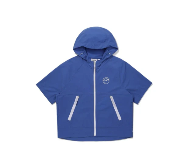 Malbon Women Golf Jacket Detachable Sleeve Hooded Windbreaker Blue collar and logo detail 블루 골프 의류 카라와 로고 디테일