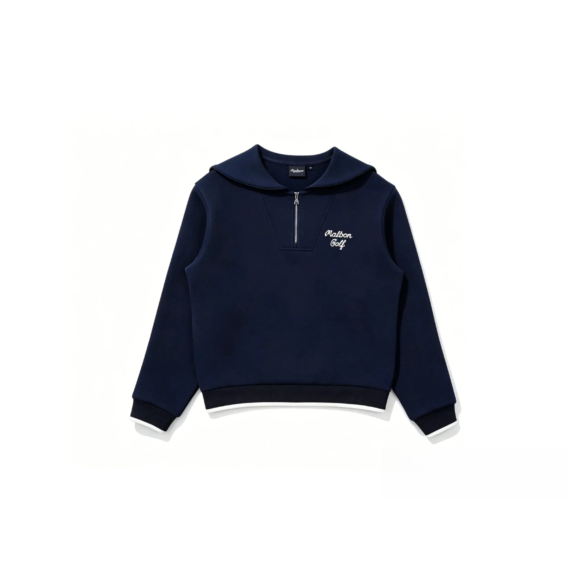 Malbon Women's Half Zip Sweatsuit Set - Embroidered Golf Outfit Navy Blue front view 네이비 블루 골프 의류 정면