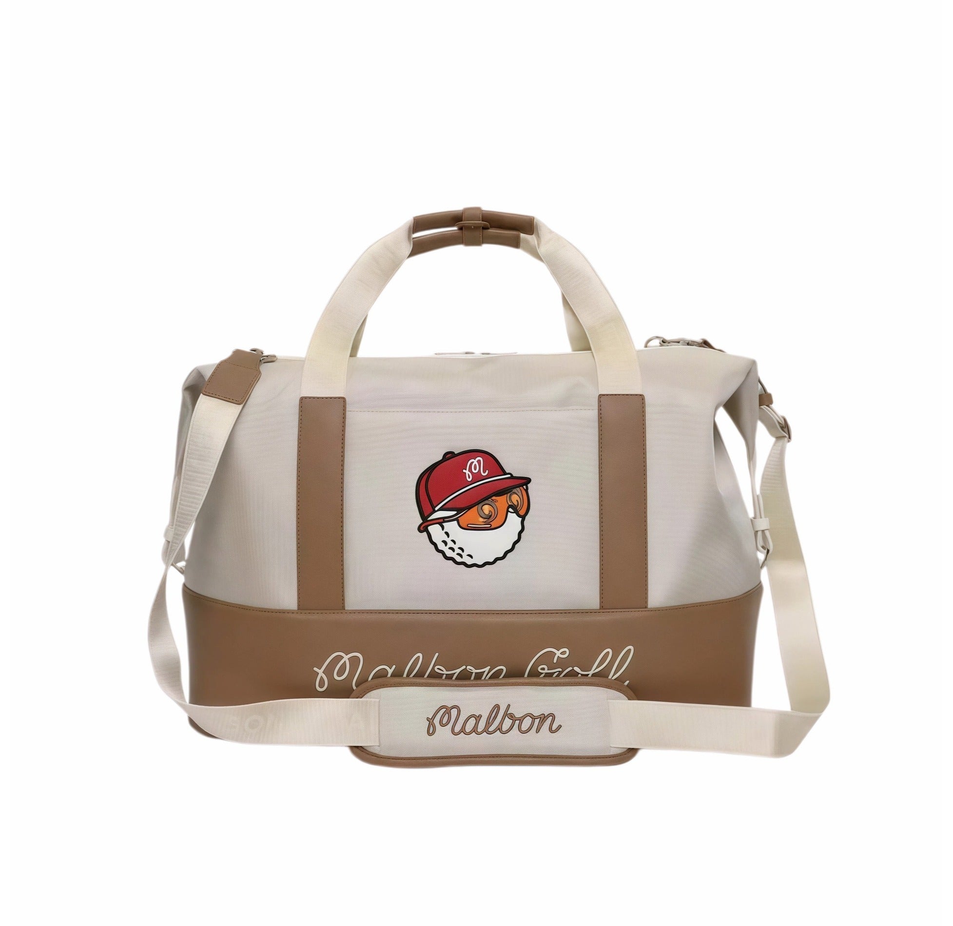 Front view of Malbon Golf Performance luxury duffel bag in beige and brown with red-capped "Buckets" golf ball mascot, "Malbon Golf" cursive lettering, and branded shoulder strap