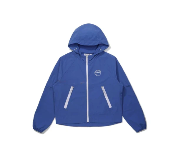 Malbon Women Golf Jacket Detachable Sleeve Hooded Windbreaker Blue front view 블루 골프 의류 정면