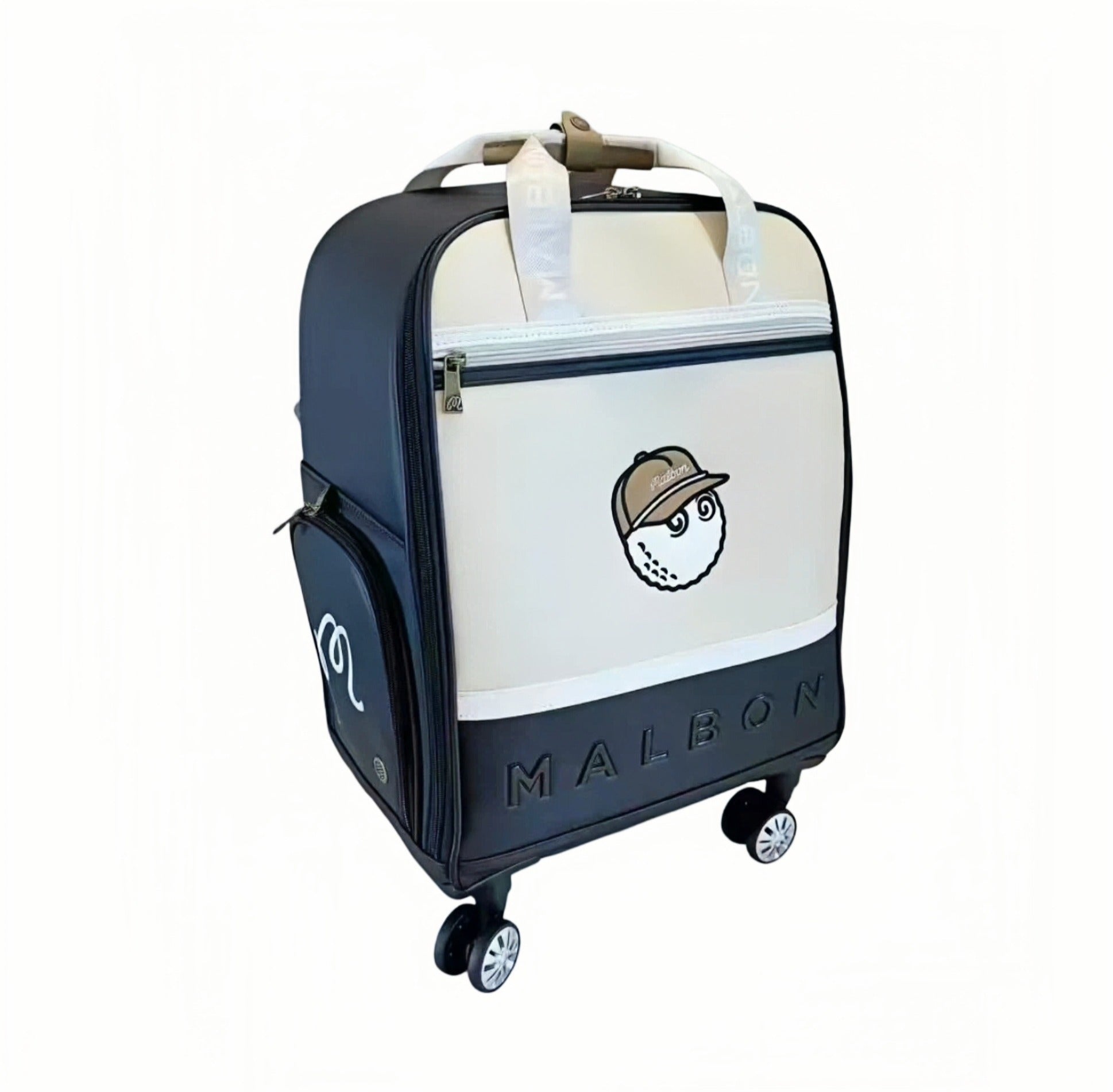 Navy and cream Malbon Golf wheeled suitcase with Buckets mascot panel, embossed MALBON wordmark and four spinner wheels