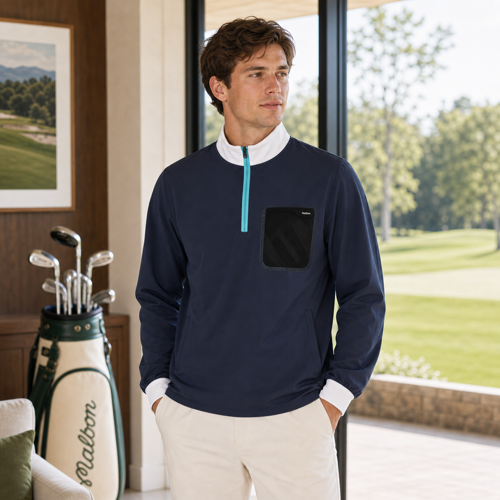 Malbon Cascade Windshirt Navy Blue worn by model