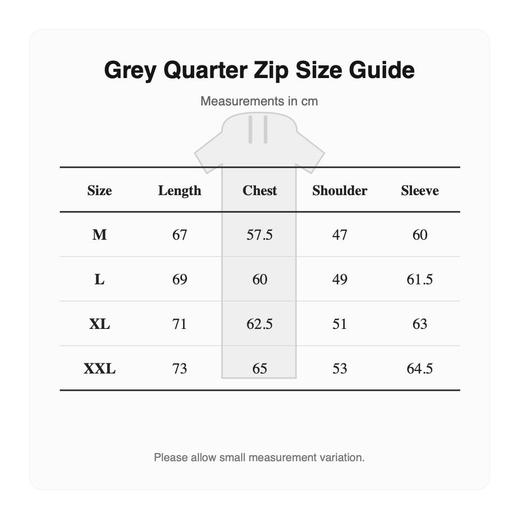 Malbon grey quarter zip pullover M-XXL size guide